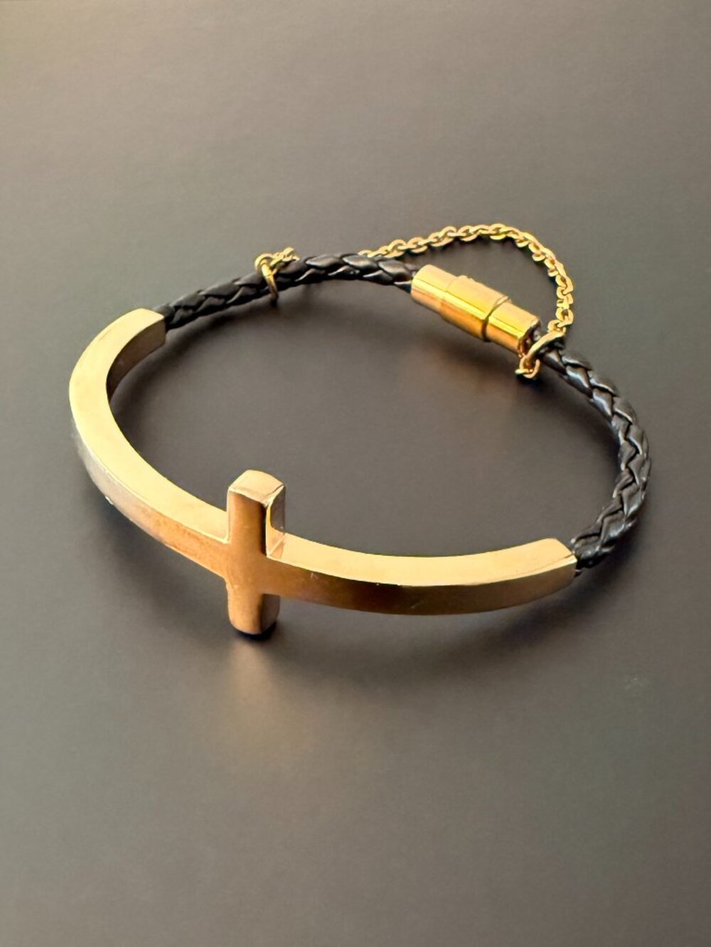 Folli Follie Carma Gold-Tone Cross Black Braided Bracelet